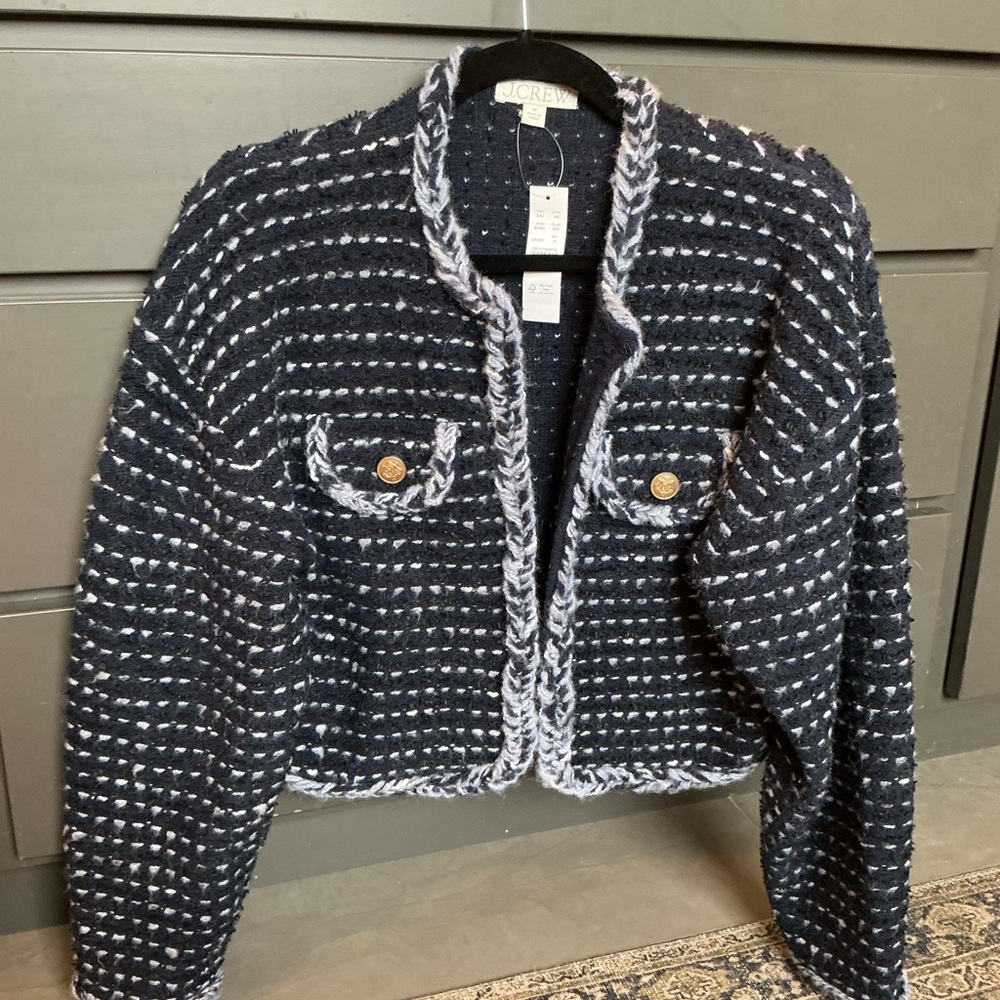 J. Crew Navy and White Tweed Cropped Jacket